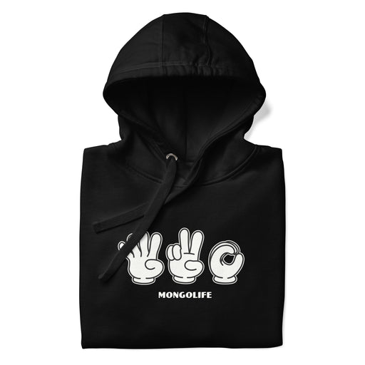Folded black  hoodie with sign language symbols for 420 in cartoon style on the front.