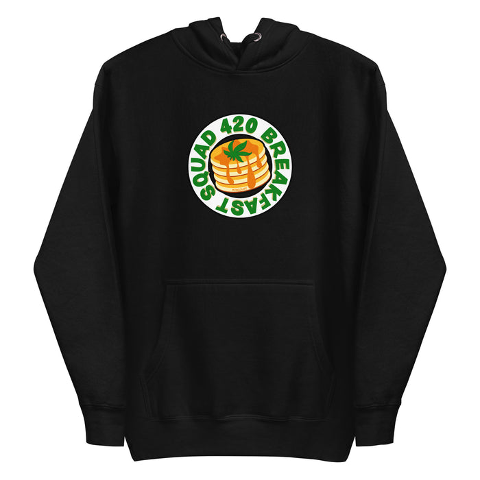 Black hoodie featuring "420 Breakfast Squad" text around a design of pancakes topped with a cannabis leaf.