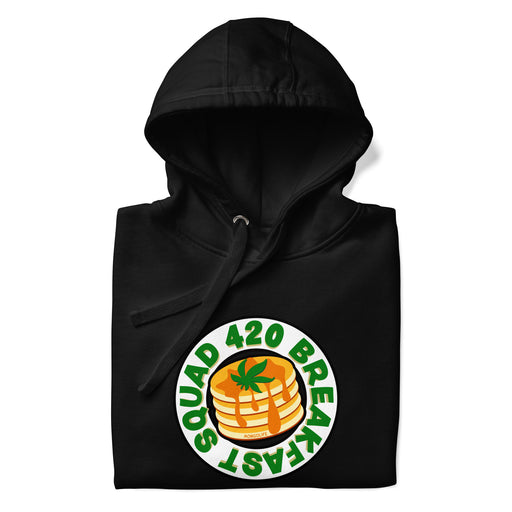 Folded black  hoodie featuring "420 Breakfast Squad" text around a design of pancakes topped with a cannabis leaf.