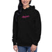 Woman wearing a black  hoodie with 'Blazed' logo in pink, adorned with stars and cannabis leaves.