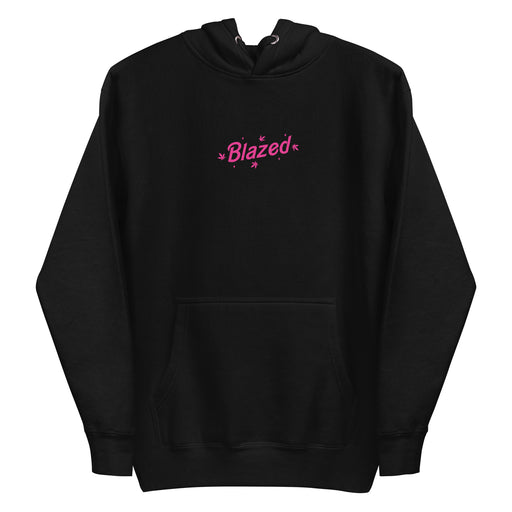 Black  hoodie with 'Blazed' logo in pink, adorned with stars and cannabis leaves.