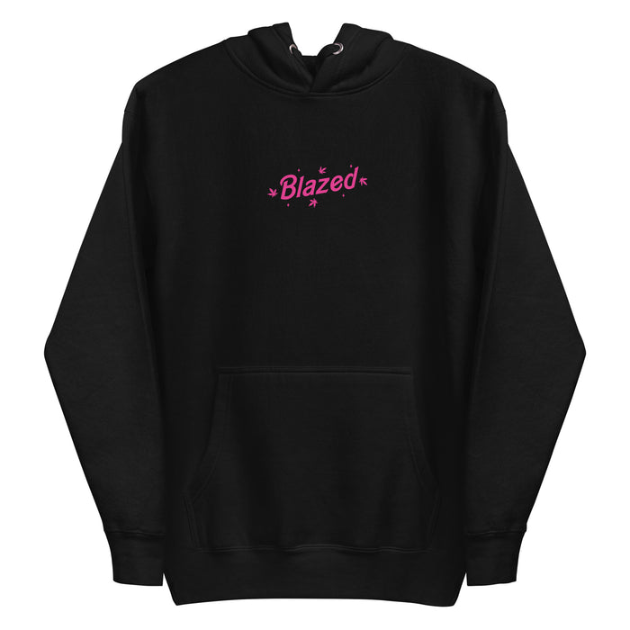 Black  hoodie with 'Blazed' logo in pink, adorned with stars and cannabis leaves.