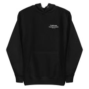 black hoodie with "Cultivate Compassion" design, weed (front)