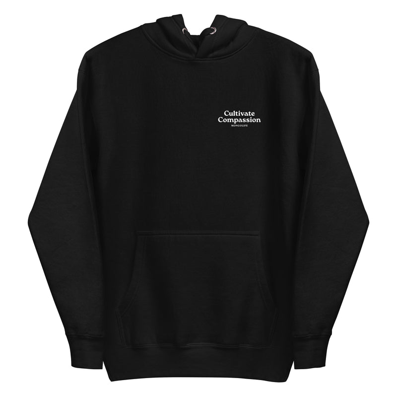 black hoodie with "Cultivate Compassion" design, weed (front)