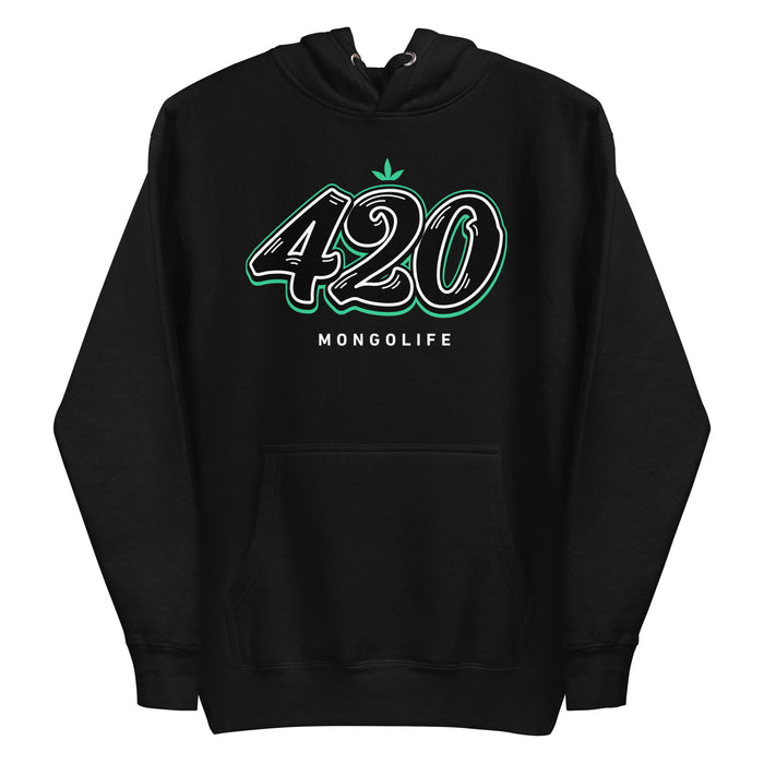 Black hoodie featuring the number "420" in graffiti-style brush lettering, inspired by cannabis culture.