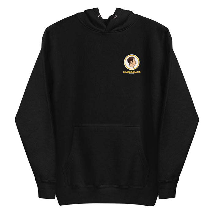 Black Caucasians hoodie with a smaller satirical logo on the left chest and cozy fleece fabric.