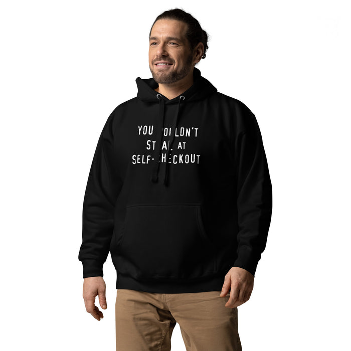 Man wearing a black  hoodie with a retro slogan text reading "You Wouldn't Steal at Self-Checkout"