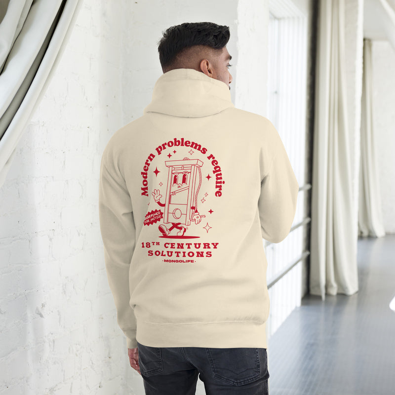 bone hoodie with "Modern Problems Require 18th Century Solutions" design, political (back)