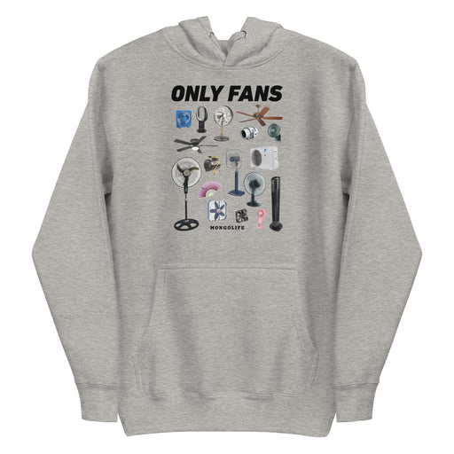 Cozy hoodie in carbon gray featuring a fun variety of fan designs and 'Only Fans' text.