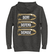 Back view of the 'Deny Defend Depose' hoodie in charcoal heather, featuring bold bullet graphics and sharp typography.