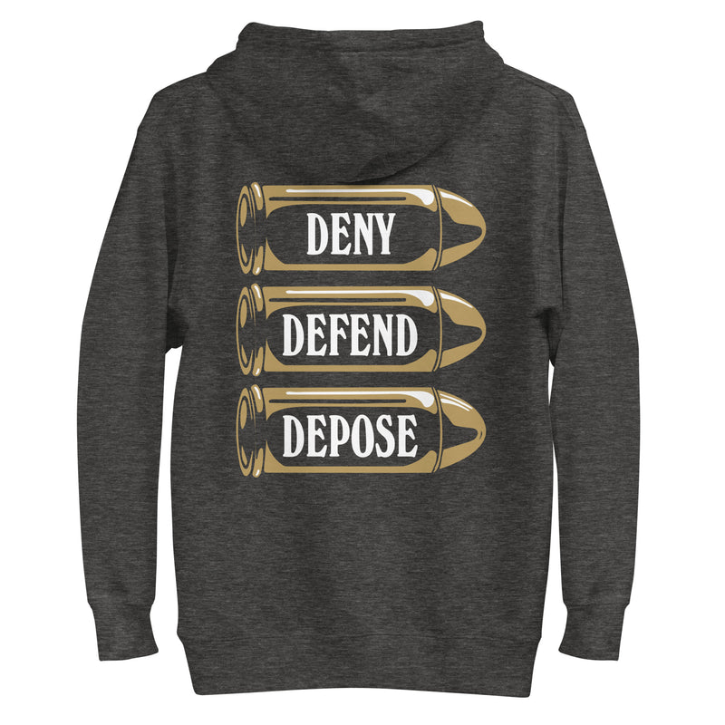 Back view of the 'Deny Defend Depose' hoodie in charcoal heather, featuring bold bullet graphics and sharp typography.