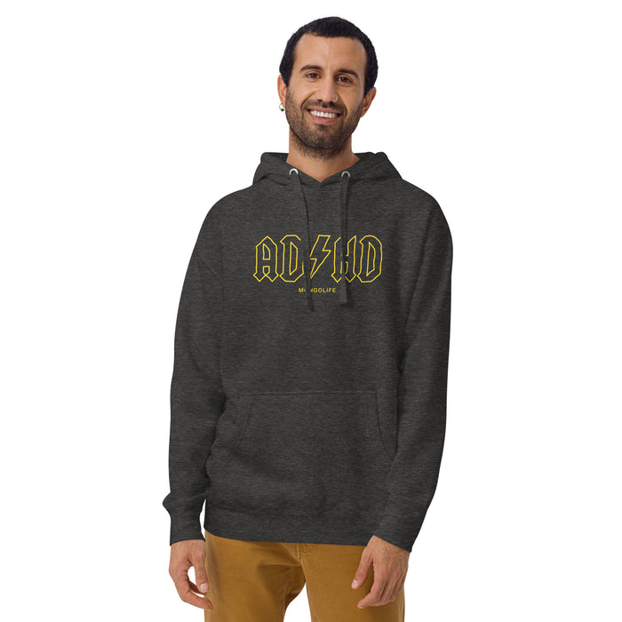 man wearing a charcoal heather ADHD hoodie inspired by a rock band logo.