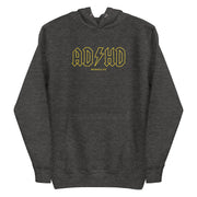 charcoal heather ADHD hoodie inspired by a rock band logo.
