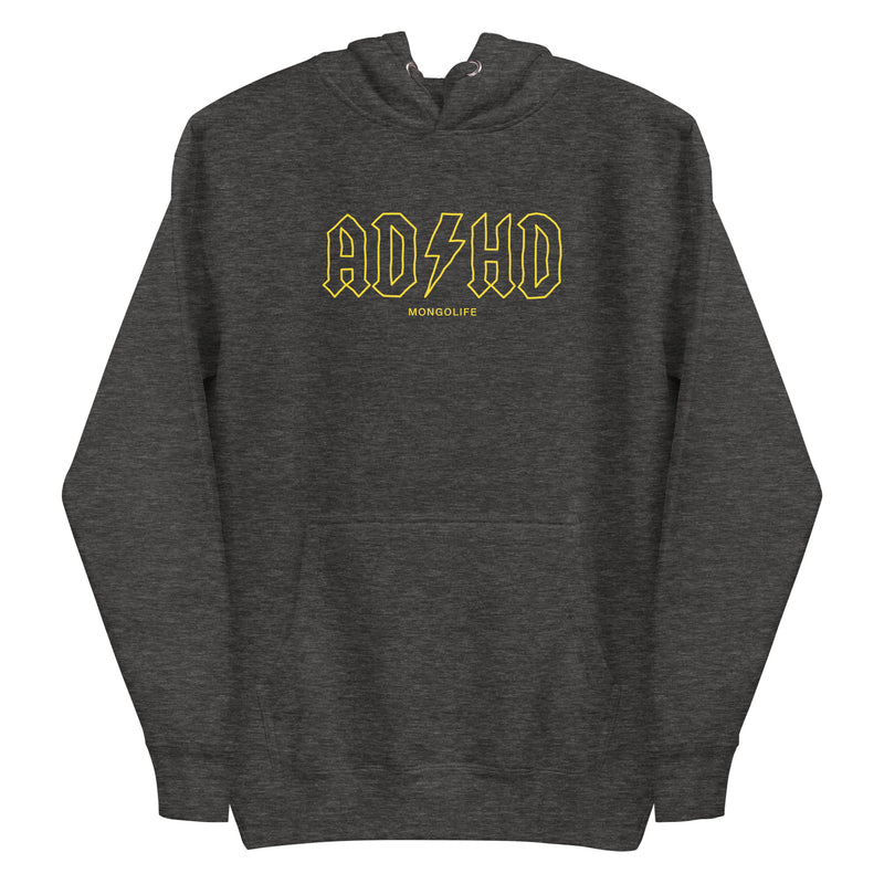 charcoal heather ADHD hoodie inspired by a rock band logo.