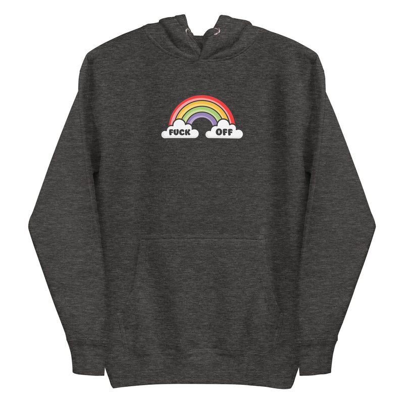 charcoal heather  hoodie with vibrant rainbow graphic and 'F*ck Off' text, expressing bold attitude.