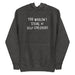 Charcoal heather  hoodie with a retro slogan text reading "You Wouldn't Steal at Self-Checkout"