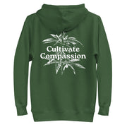 forest green hoodie with "Cultivate Compassion" design, weed (back)