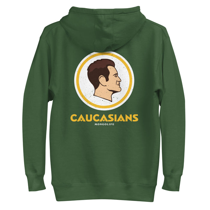 Forest green Caucasians hoodie highlighting the bold satirical sports logo on the back in vibrant detail.