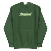 green hoodie with Budsmoker parody logo, combining beer and cannabis culture humor
