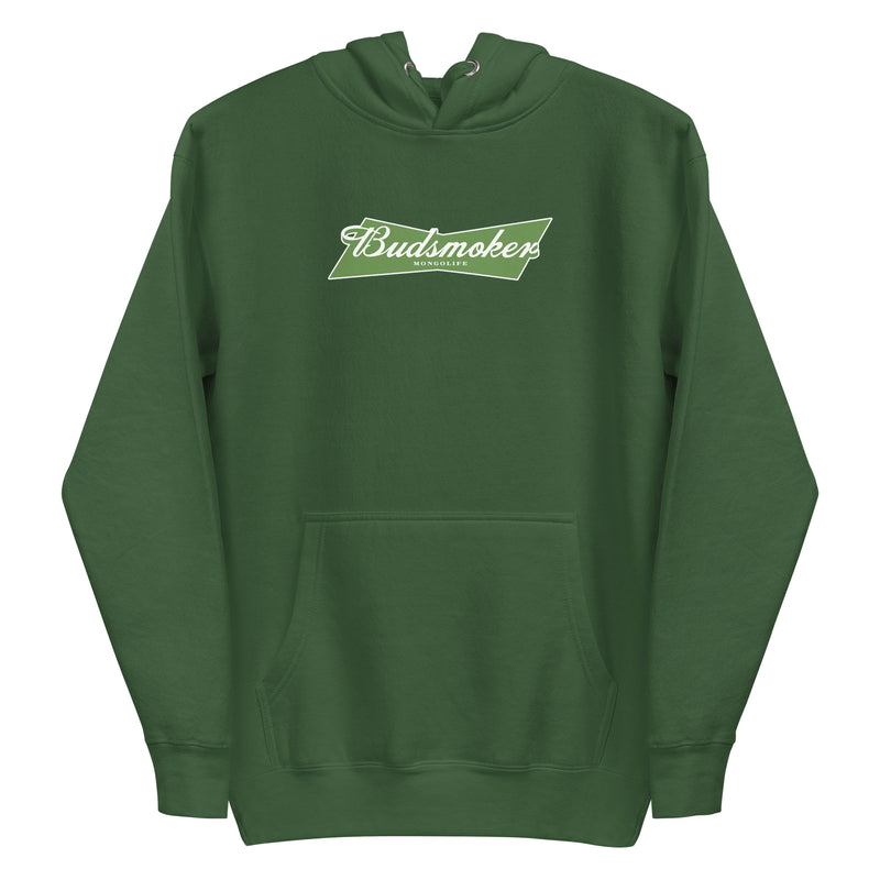 green hoodie with Budsmoker parody logo, combining beer and cannabis culture humor