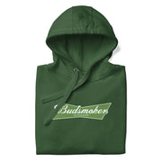 folded green hoodie with Budsmoker parody logo, combining beer and cannabis culture humor