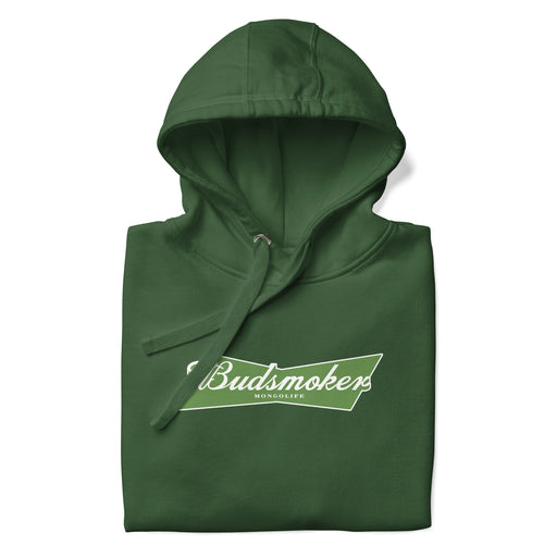 folded green hoodie with Budsmoker parody logo, combining beer and cannabis culture humor