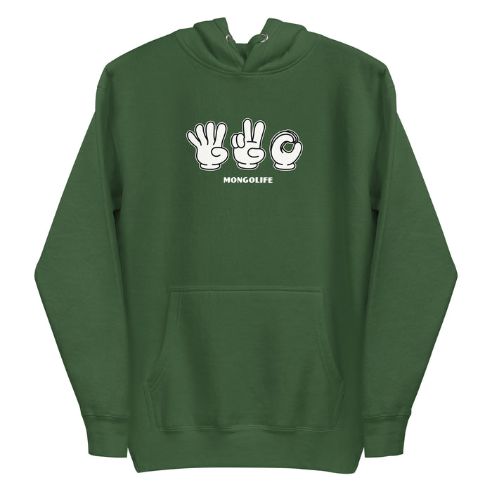 Forest green  hoodie with sign language symbols for 420 in cartoon style on the front.