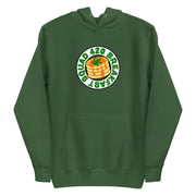 Forest green hoodie featuring "420 Breakfast Squad" text around a design of pancakes topped with a cannabis leaf.