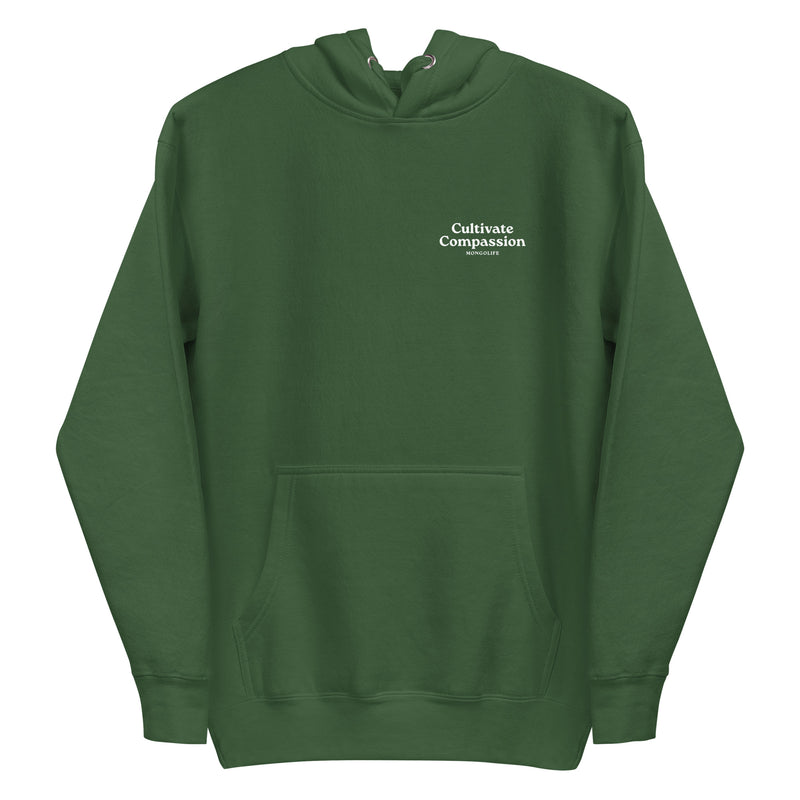 forest green hoodie with "Cultivate Compassion" design, weed (front)