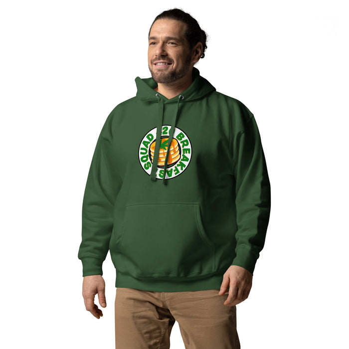 Forest green  hoodie featuring "420 Breakfast Squad" text around a design of pancakes topped with a cannabis leaf.