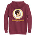 Maroon Caucasians hoodie featuring a large satirical sports logo on the back with vintage-inspired design elements.