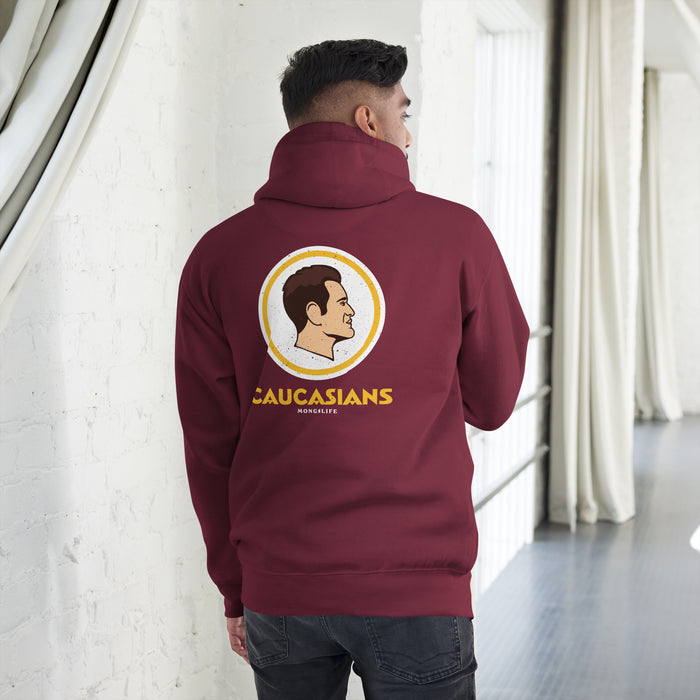 Male model wearing the Maroon Caucasians hoodie, showing off the large back logo in a casual setting.