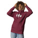 Woman wearing maroon color hoodie with sign language symbols for 420 in cartoon style on the front.