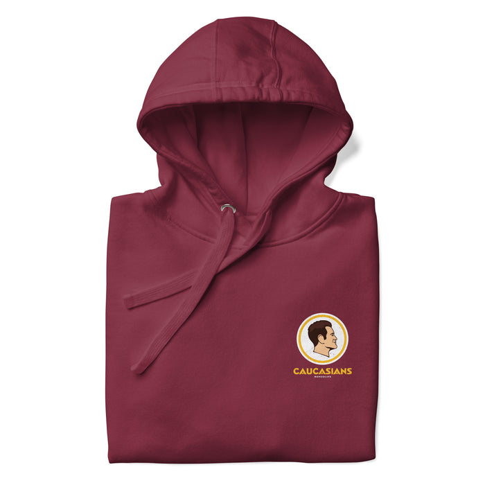 Folded Maroon Caucasians hoodie displaying the detailed back logo design and soft cotton-blend texture.