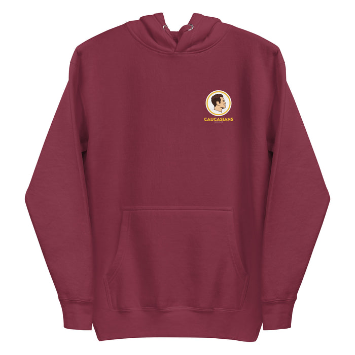 Maroon Caucasians hoodie with a smaller satirical logo on the left chest and cozy fleece fabric.