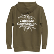 military green hoodie with "Cultivate Compassion" design, weed (back)