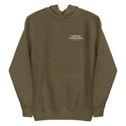 military green hoodie with "Cultivate Compassion" design, weed (front)