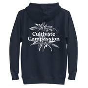 navy blazer hoodie with "Cultivate Compassion" design, weed (back)
