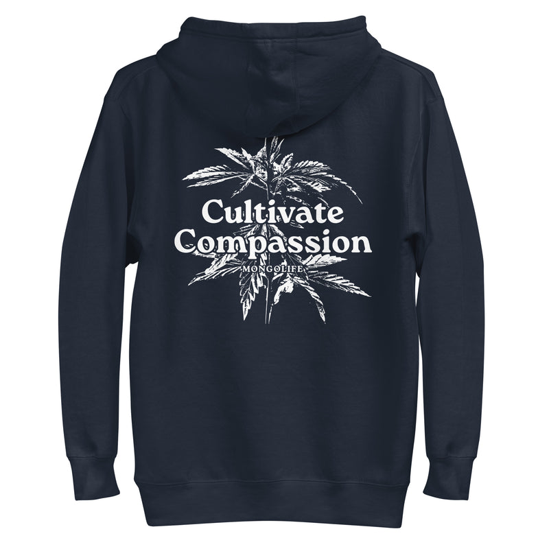 navy blazer hoodie with "Cultivate Compassion" design, weed (back)