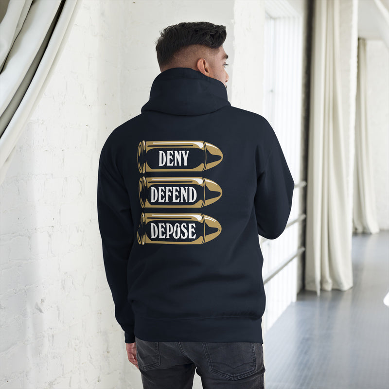 Back view of a man wearing our "Deny Defend Depose" hoodie in black color.