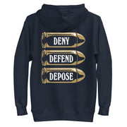 Back view of the 'Deny Defend Depose' hoodie in navy, showcasing a striking bullet illustration and engraved text design.