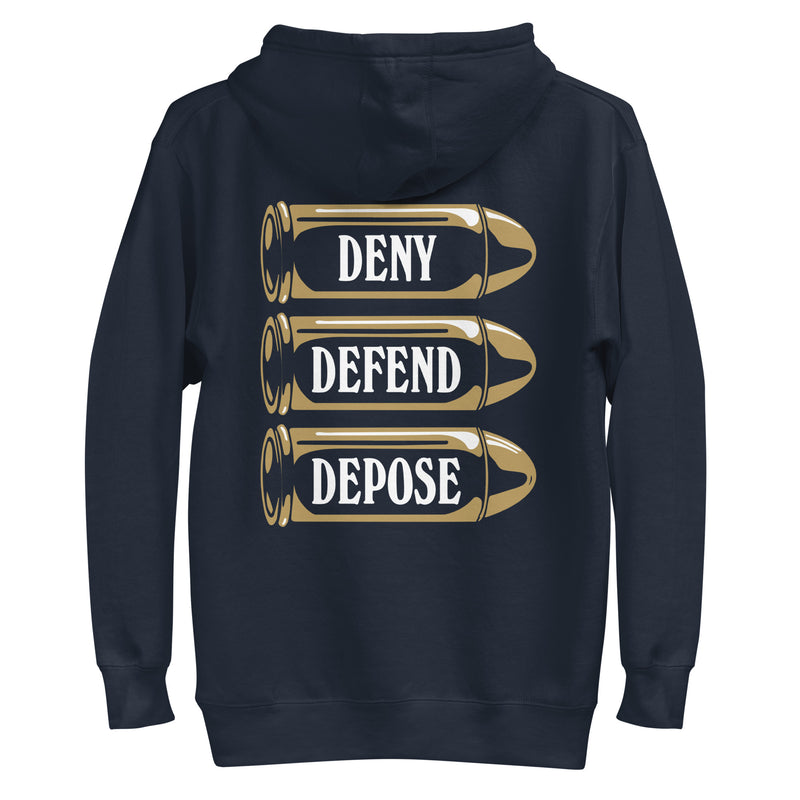 Back view of the 'Deny Defend Depose' hoodie in navy, showcasing a striking bullet illustration and engraved text design.