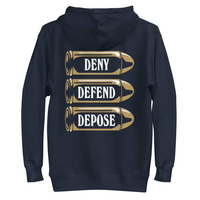 Back view of the 'Deny Defend Depose' hoodie in navy, showcasing a striking bullet illustration and engraved text design.