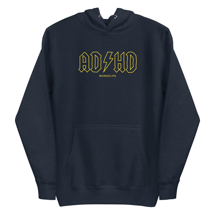 navy ADHD hoodie inspired by a rock band logo.