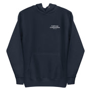 navy blazer hoodie with "Cultivate Compassion" design, weed (front)
