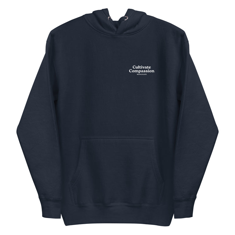 navy blazer hoodie with "Cultivate Compassion" design, weed (front)