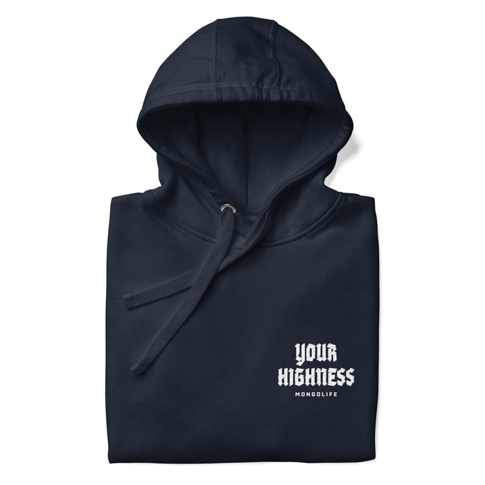 folded navy blue stoner hoodie with the text "Your Highness"