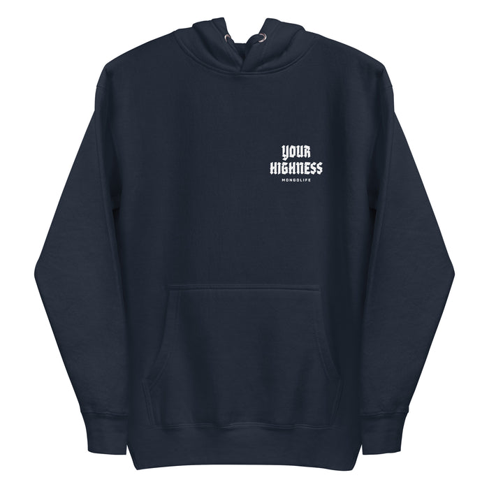 Navy blue stoner hoodie with text "Your Highness" over the left chest.