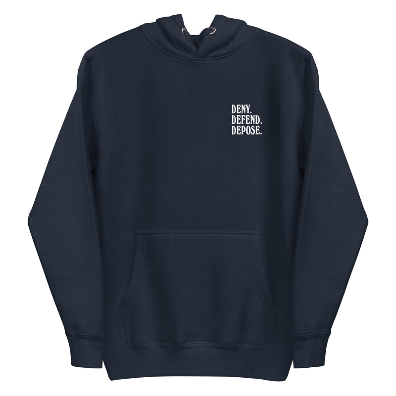 Front view of the 'Deny Defend Depose' hoodie in navy, showcasing clean left chest text design for subtle style.