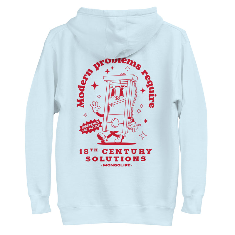sky blue hoodie with "Modern Problems Require 18th Century Solutions" design, political (back)